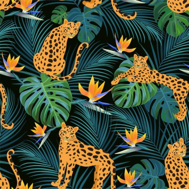 Tropikal yaprakları ve egzotik çiçekleri ile trendy leopar deseni. Vektör dikişsiz doku.
