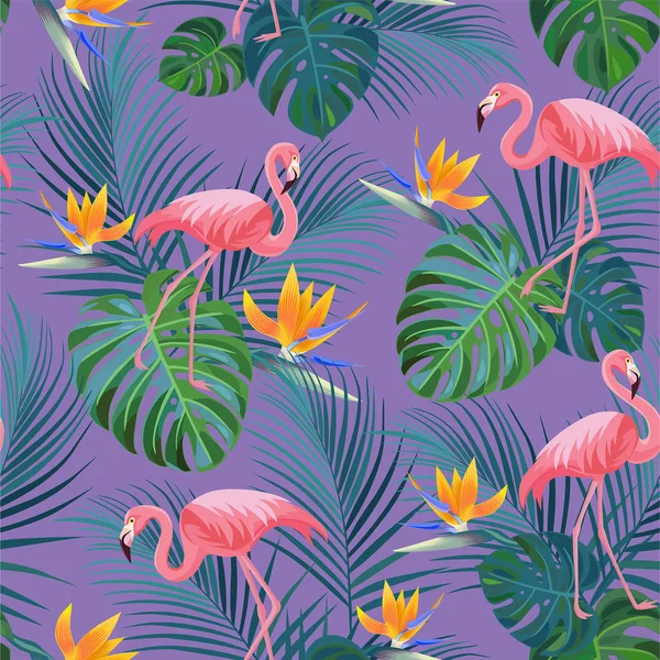 Trendy tropical pattern with flamingos and exotic flowers. Vector seamless texture. — Stock Vector