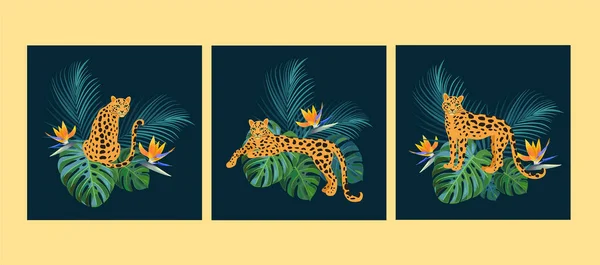 Tropische Vorlagen mit Leoparden. Vektorillustrationen. kann für Banner, Poster, Karten, Postkarten und druckbare verwendet werden. — Stockvektor
