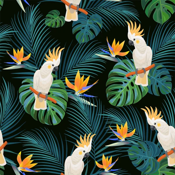 Motif tropical tendance avec des perroquets et des fleurs exotiques. Texture sans couture vectorielle . — Image vectorielle