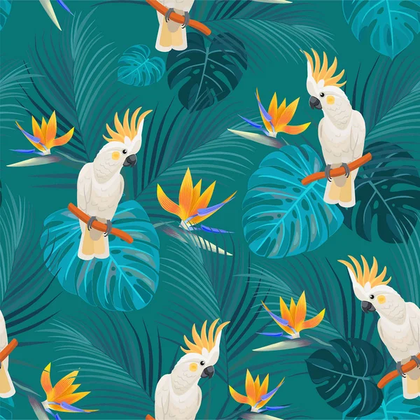 Patrón tropical de moda con loros y flores exóticas. Textura sin costura vectorial . — Archivo Imágenes Vectoriales