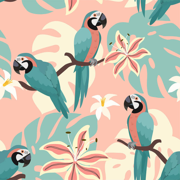 Тропический узор с попугаями и тропическими листьями. Векторная бесшовная текстура. Тренди-драйв
.