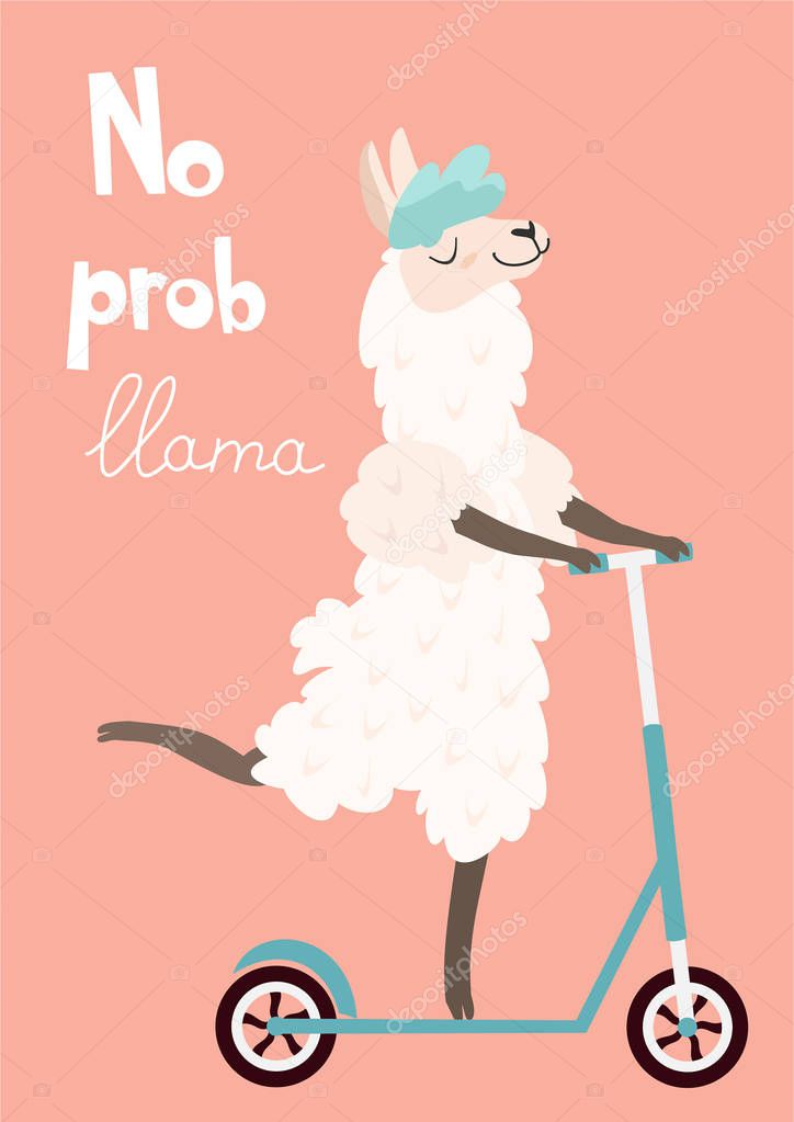 Funny card with a cartoon llama on a scooter. Vector illustration.