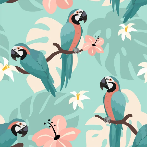 Trendy pattern with parrots and tropical leaves. Vector seamless texture.