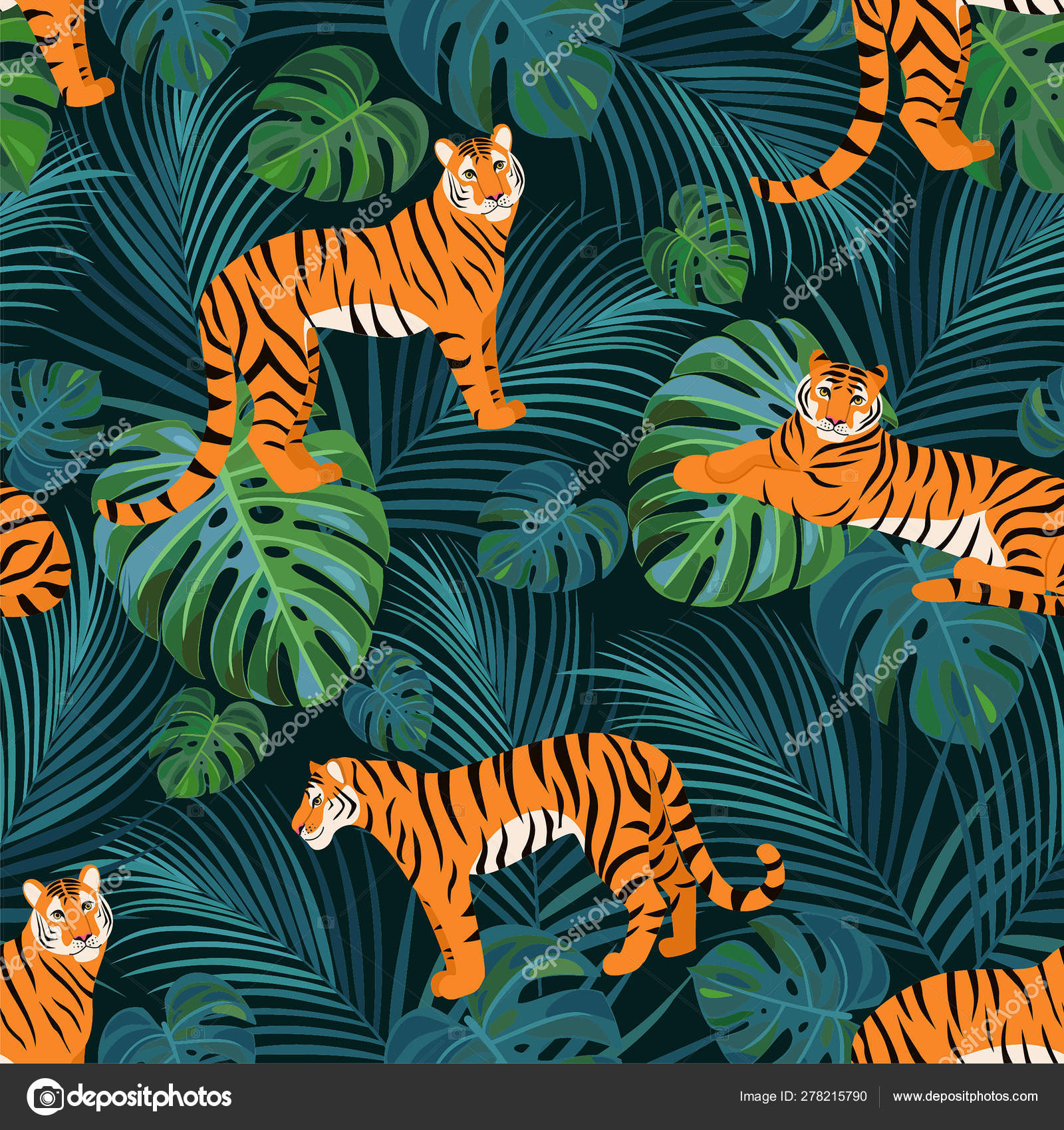Trendy tiger pattern with tropical leaves. Vector seamless texture. Stock Vector Image by ©Tayka_ya #278215790 Trendy tiger pattern with tropical leaves. Vector seamless texture. Stock Vector Image by ©Tayka_ya #278215790