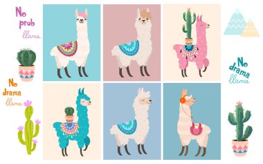 Set of stylish cartoon llamas and decorative elements. Vector illustrations. clipart