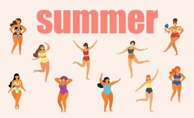 Trendy yaz mayodansı kızlarla tropik yaz kartı. Vektör çizimi.