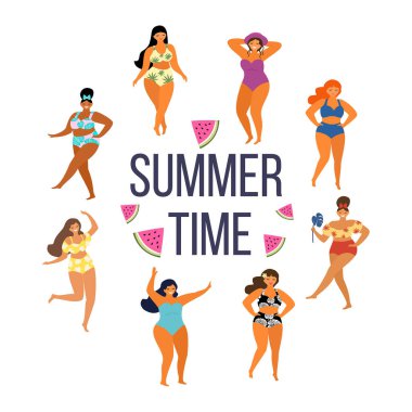 Trendy yaz mayodansı kızlarla tropik yaz kartı. Vektör çizimi.