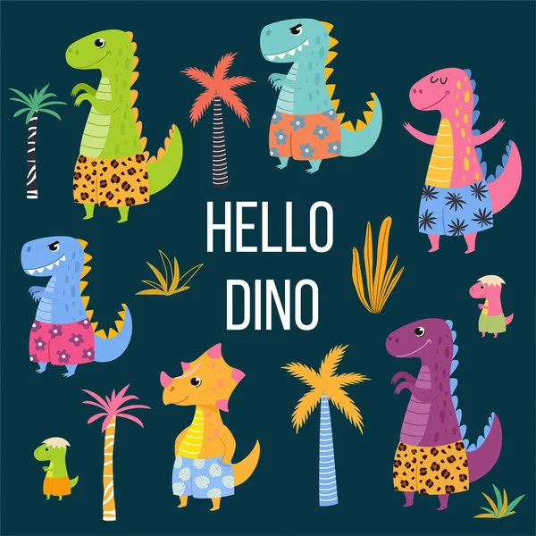 Забавная коллекция мультяшных динозавров в пляжных шортах. Летние векторные иллюстрации . — стоковый вектор