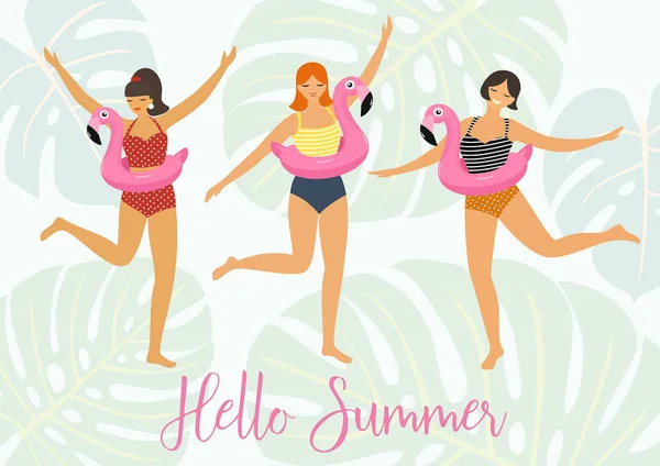 Tropische Sommerkarte mit tanzenden Mädchen und schwimmenden Flamingos im Pool. Vektorillustration. — Stockvektor