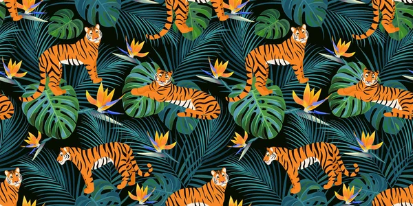 Trendy tiger pattern with tropical leaves and exotic flowers. Vector seamless texture. — Stock Vector