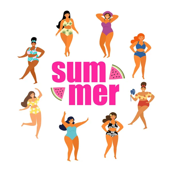 Tropical summer card with dancing girls in trendy summer swimsuits. Vector illustration. — Stock Vector