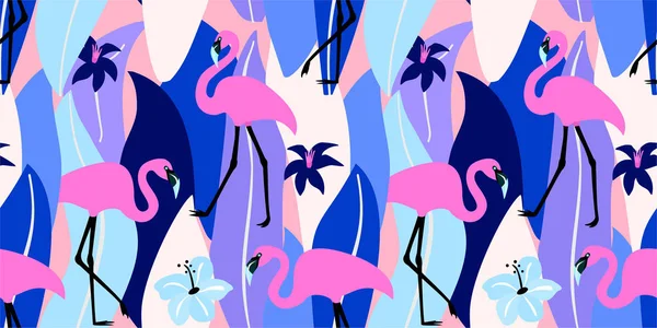 Patrón exótico de verano abstracto con flamencos y hojas tropicales. Textura sin costura vectorial. Ilustración de moda . — Vector de stock