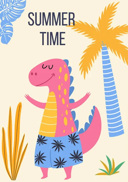 Tropická karta s roztomilým dinosaurem v plážových trenýrkách. Vektorová ilustrace. — Stockový vektor