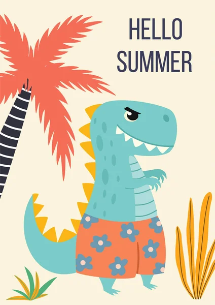 Cartão tropical com um dinossauro bonito dos desenhos animados em shorts de praia. Ilustração vetorial . —  Vetores de Stock