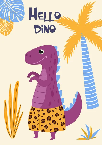 Tarjeta tropical con un lindo dinosaurio de dibujos animados en pantalones cortos de playa. Ilustración vectorial . — Archivo Imágenes Vectoriales