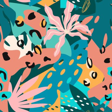 Bitkiler ve geometrik şekiller dikişsiz desen çeşitli renkli çağdaş soyut çiçek kolaj. Vektör tasarımı.