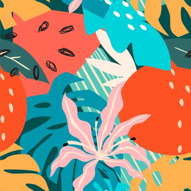 Bitkiler ve geometrik şekiller dikişsiz desen çeşitli renkli çağdaş soyut çiçek kolaj. Vektör tasarımı.