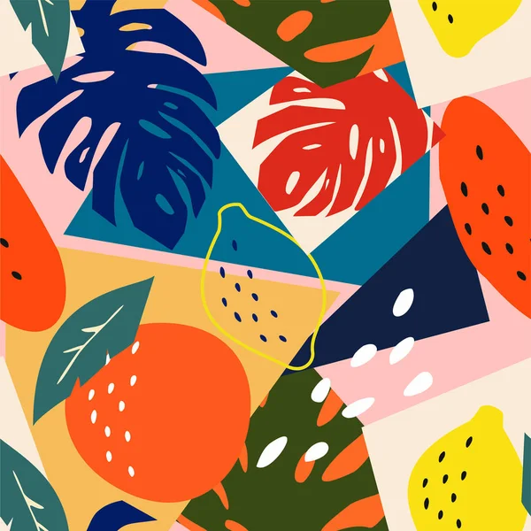 Contemporâneo abstrato floral sem costura padrão. Frutas tropicais exóticas modernas e plantas. Projeto colorido vetorial . — Vetor de Stock