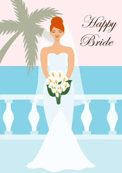 Свадебная карточка с красивой невестой у моря. Векторная иллюстрация . — стоковый вектор