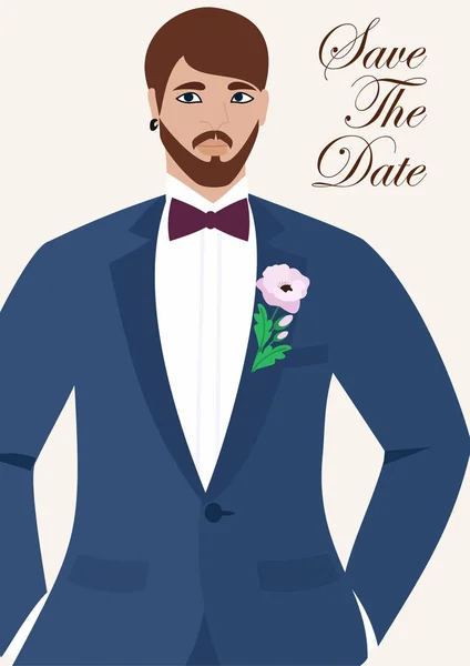 Tarjeta de boda con el novio. Ilustración vectorial . — Vector de stock