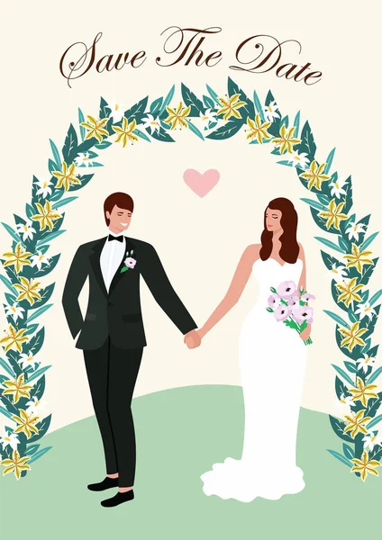 Свадебная открытка с влюбленной парой. Векторная иллюстрация . — стоковый вектор