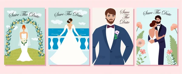 Коллекция свадебных открыток. Свадебная пара влюблённая на церемонии, невесты и женихи. Векторная иллюстрация. Красивый шаблон. Может использоваться для баннера, плаката, открытки, открытки и печати . — стоковый вектор