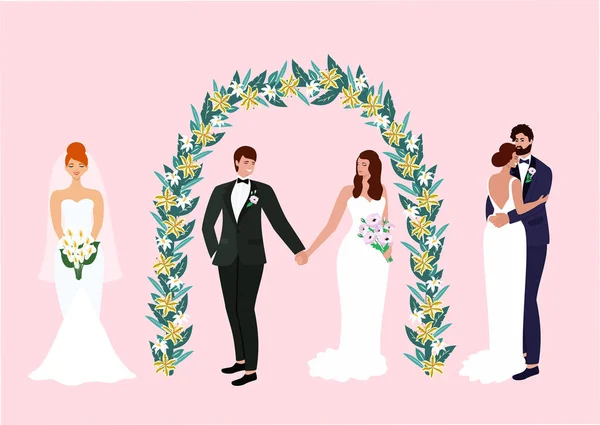Собрание невест и женихов. Свадебная пара влюблена на церемонии. Красивая векторная иллюстрация к открытке, открытке, плакату, баннеру, приглашению . — стоковый вектор