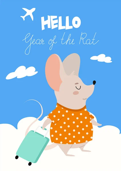 Cartel divertido para el nuevo año 2020 con una rata linda va en un viaje. Año de la Rata. Tarjeta de Año Nuevo. Ilustración vectorial . — Archivo Imágenes Vectoriales