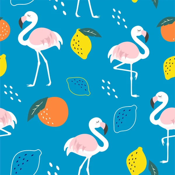 Trendy patroon met Flamingo en abstract tropisch fruit. Vector naadloze textuur. — Stockvector