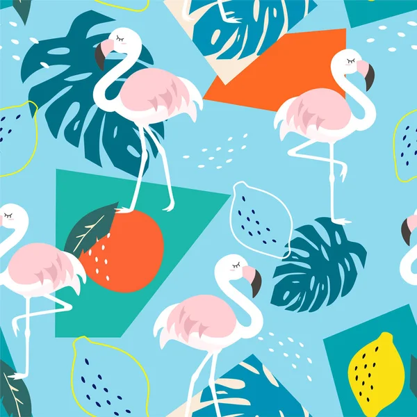 Trendy patroon met Flamingo en tropische bladeren op abstracte achtergrond. Vector naadloze textuur. — Stockvector