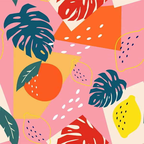 Patrón floral abstracto contemporáneo sin costuras. Modernas frutas y plantas tropicales exóticas. Diseño de color vectorial . — Archivo Imágenes Vectoriales