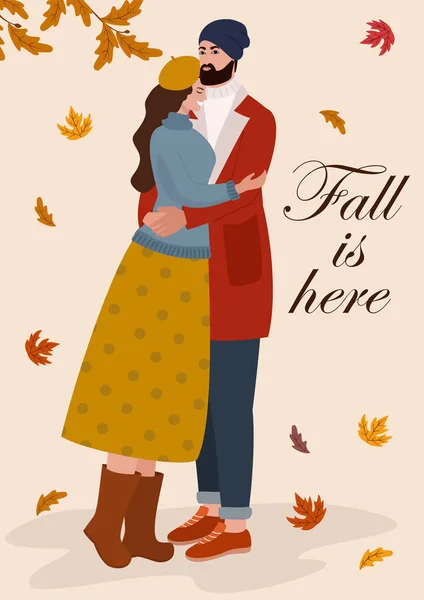 Illustration d'automne avec un couple mignon amoureux. Modèle plat vectoriel pour carte, affiche, bannière. Beau modèle . — Image vectorielle