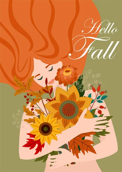 Ilustração do outono com uma menina bonito e um buquê de flores. Design plano vetorial para cartão, cartaz, banner. Modelo bonito . — Vetor de Stock