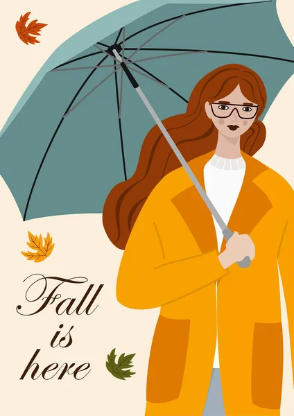 Ilustração de outono com uma menina bonito e guarda-chuva. Design plano vetorial para cartão, cartaz, banner. Modelo bonito . — Vetor de Stock