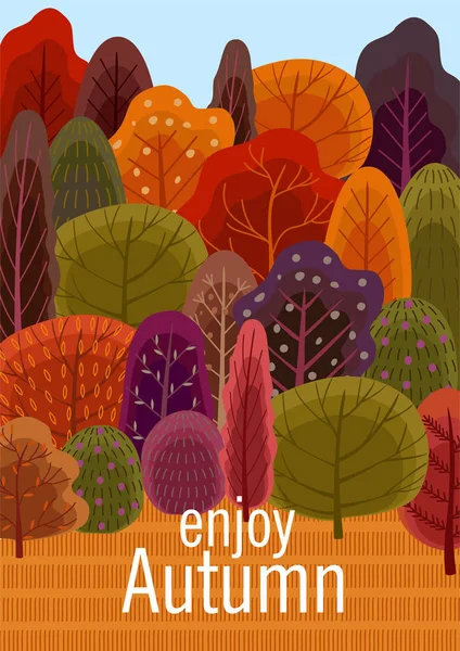 Ilustração da floresta de outono. Design plano vetorial para cartão, cartaz, banner. Modelo bonito . — Vetor de Stock