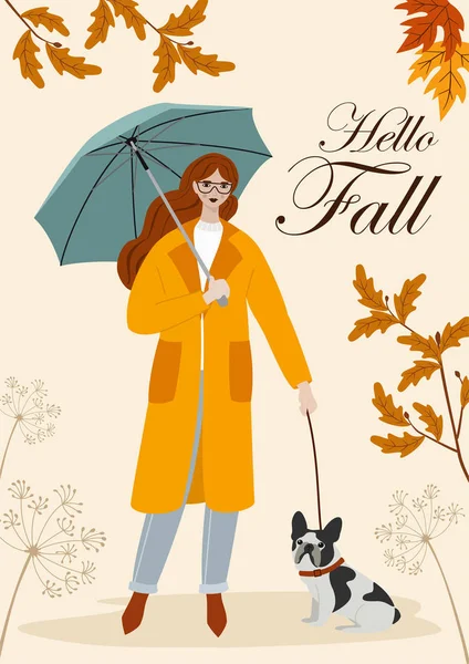 Illustration d'automne avec une jolie fille, un parapluie et un chien. Modèle plat vectoriel pour carte, affiche, bannière. Beau modèle . — Image vectorielle