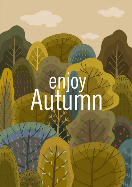 Podzimní lesní ilustrace. Vektor plochý design pro kartu, plakát, nápis. Nádherná šablona. — Stockový vektor