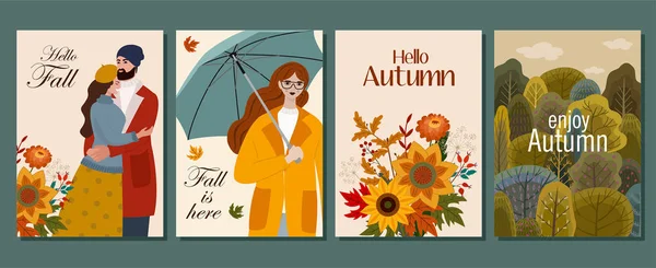 Coleção de cartões de outono. Ilustração vetorial. Belo modelo. Pode ser usado para banner, cartaz, cartão, cartão postal e impressão . —  Vetores de Stock