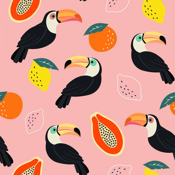 Motivo alla moda con toucan e frutti tropicali astratti. Struttura senza cuciture vettoriale . — Vettoriale Stock