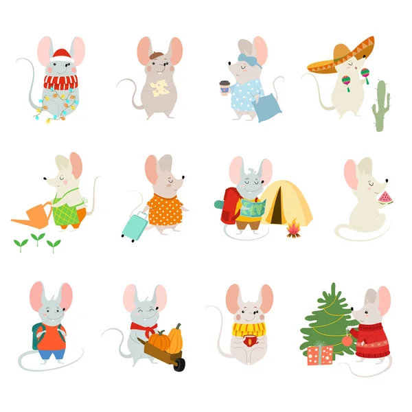 Conjunto de lindas ratas de dibujos animados. Ilustración vectorial para calendario, tarjeta, banner, postal e imprimible — Vector de stock