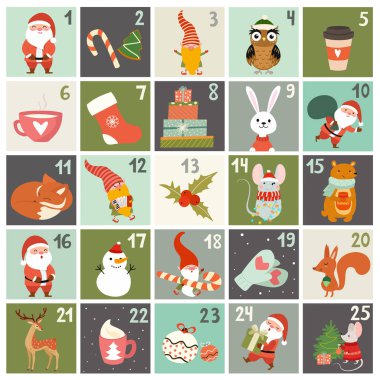 Sevimli çizgi film karakterleri ve dekoratif unsurları ile Noel takvimi. Xmas Afiş. Vektör çizimleri.