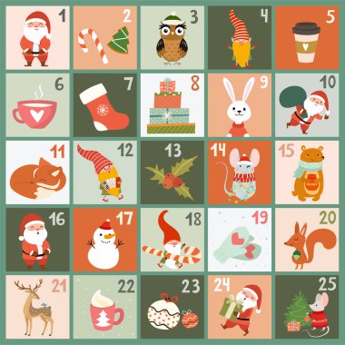 Sevimli çizgi film karakterleri ve dekoratif unsurları ile Noel takvimi. Xmas Afiş. Vektör çizimleri.