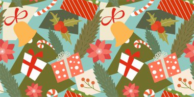 Çeşitli geleneksel dekoratif unsurlar ve semboller ile renkli modern soyut noel deseni. Vektör dikişsiz doku.