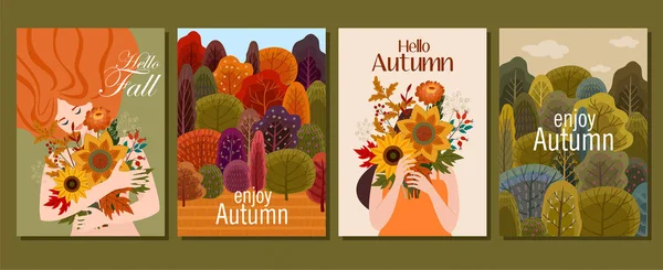 Collection de cartes d'automne. Illustration vectorielle. Magnifique modèle. Peut être utilisé pour bannière, affiche, carte postale et impression . — Image vectorielle