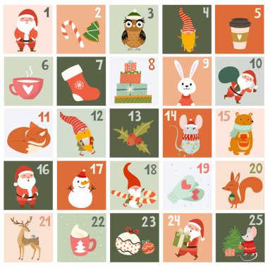 Sevimli çizgi film karakterleri ve dekoratif unsurları ile Noel takvimi. Xmas Afiş. Vektör çizimleri.