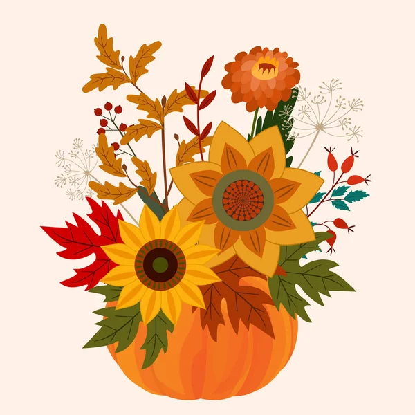 Autumn illustration with a bouquet of flowers. Vector flat design for card, poster, banner. Beautiful template. — Stock Vector