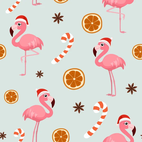 Patrón de Navidad de invierno con flamenco, naranja, canela y dulces. Textura sin costura vectorial . — Vector de stock