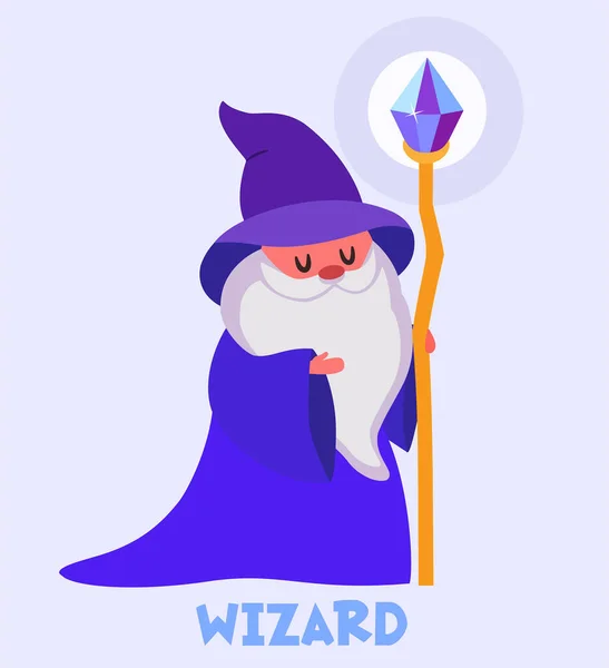 Funny Wizard Hat Mantle Magic Staff Crystal Vector Magic Illustration — Stock Vector