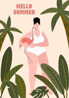 Elinde flamingo tutan mayo giymiş bir kızla tropikal bir şablon. Güzel vektör illüstrasyonu.